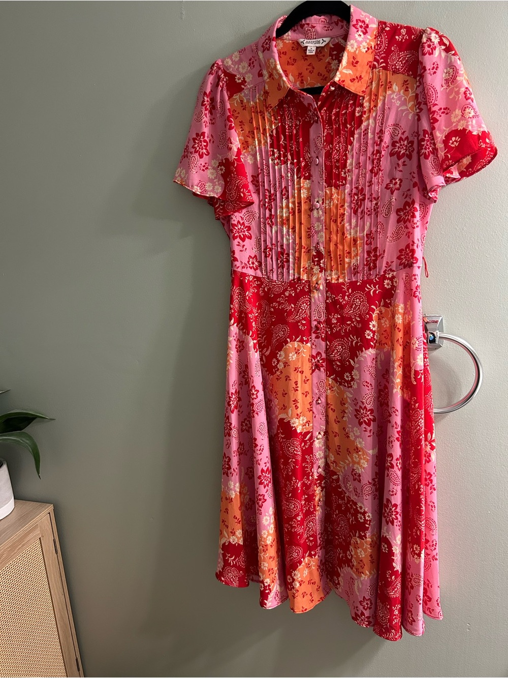 Nanette Lepore red and pink floral midi dress button-up front pleated bodice
